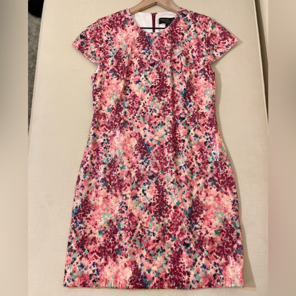 Rachel Zoe Pink Abstract Sequin Floral Sheath Dress Cap Sleeve Garden Party